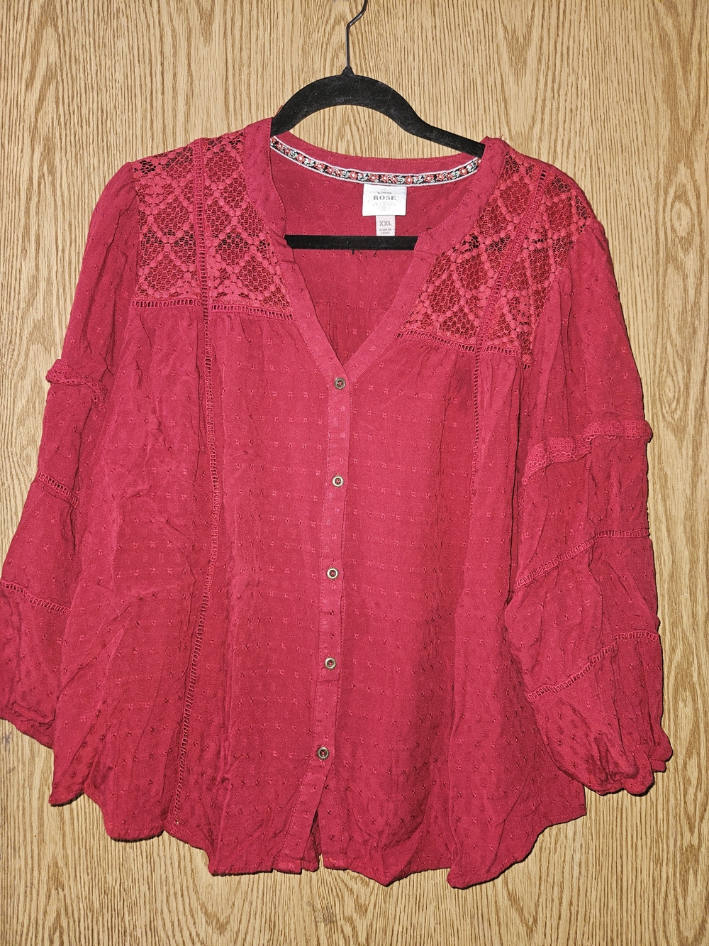 Knox Rose Deep Red Lace Yoke Button-Front Blouse